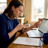 Woman documenting injury at kitchen table