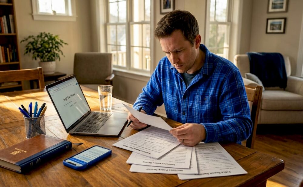Victim reviewing accident claim documents