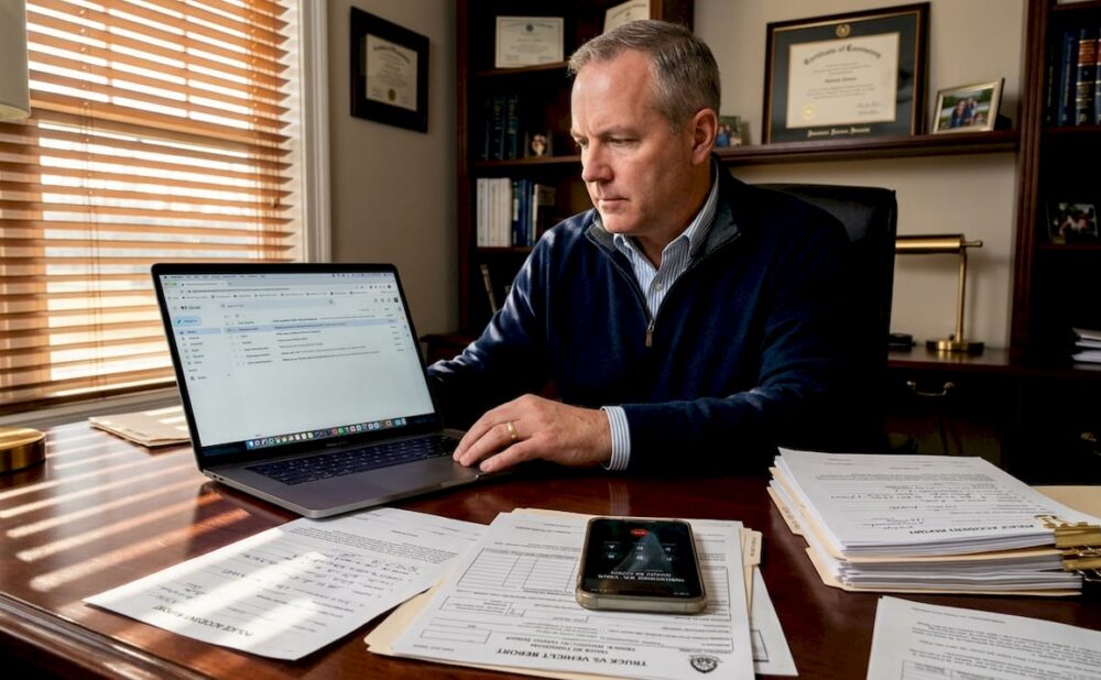 Man handling trucking crash insurance claim paperwork