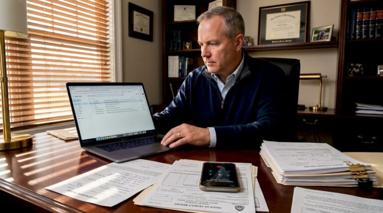 Man handling trucking crash insurance claim paperwork
