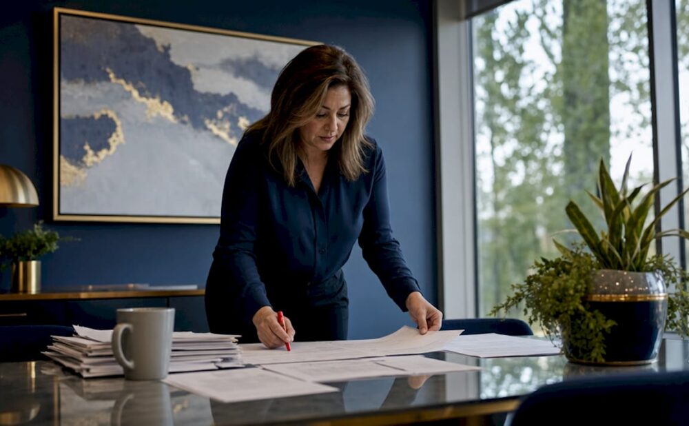 Claims adjuster reviewing accident reports