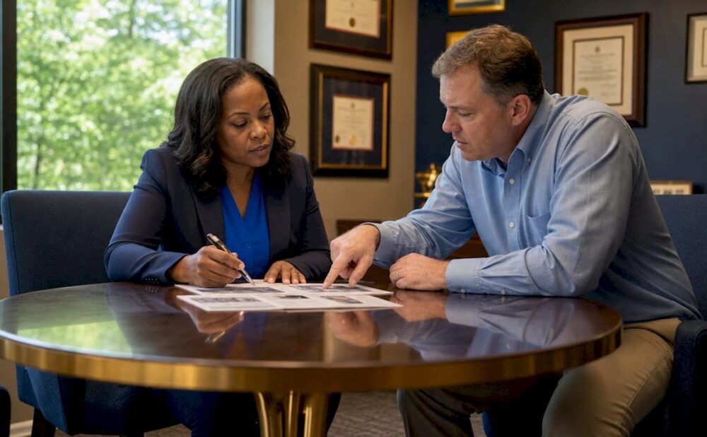 Attorney and client reviewing accident claim documents