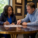 Attorney and client reviewing accident claim documents