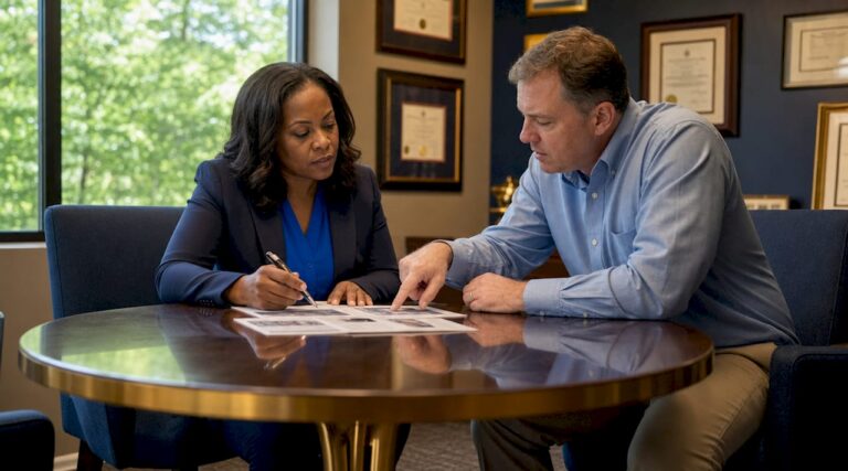 Attorney and client reviewing accident claim documents