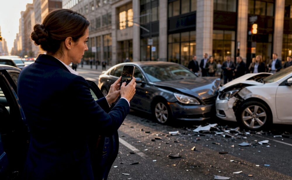 Woman taking photos of accident scene outdoors