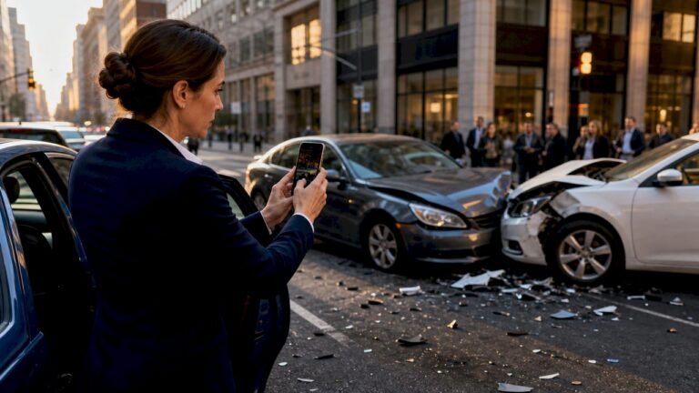 Woman taking photos of accident scene outdoors