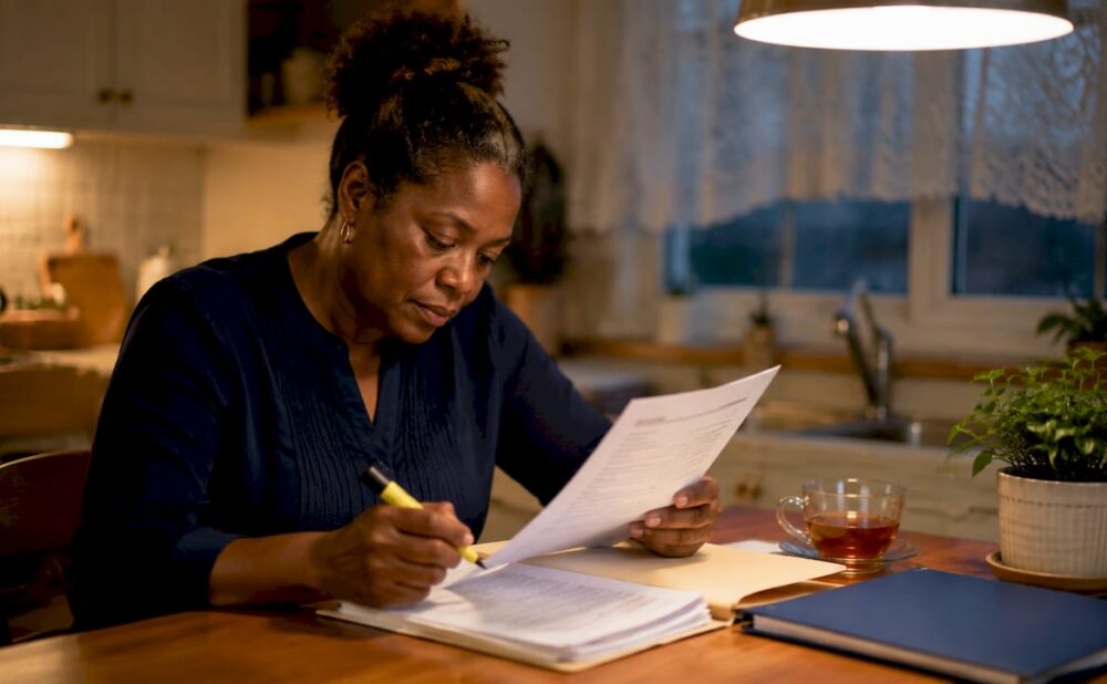 Woman reviewing wrongful death claim documents