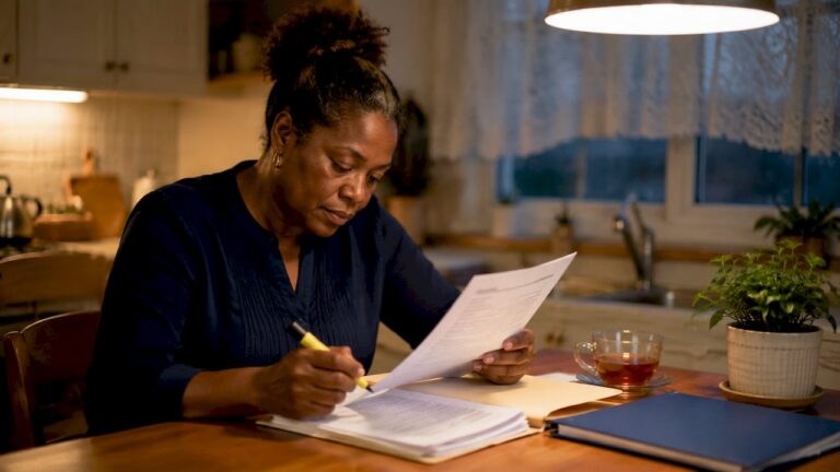 Woman reviewing wrongful death claim documents