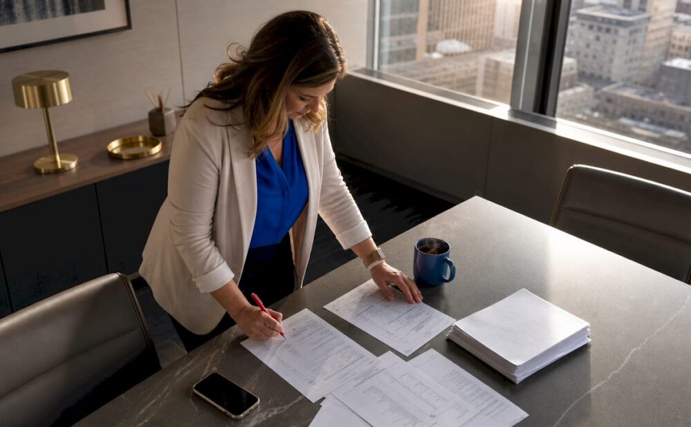 Woman adjuster reviewing insurance claim documents