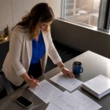 Woman adjuster reviewing insurance claim documents