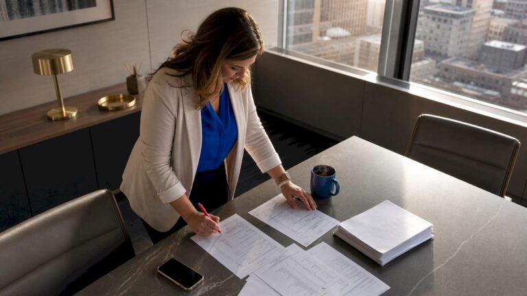 Woman adjuster reviewing insurance claim documents