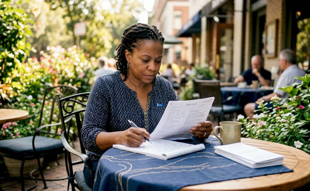 Woman reviewing medical records at desk