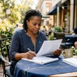 Woman reviewing medical records at desk