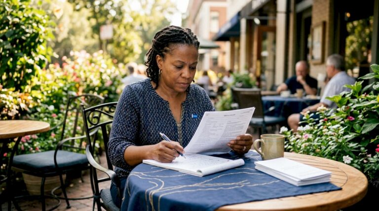 Woman reviewing medical records at desk