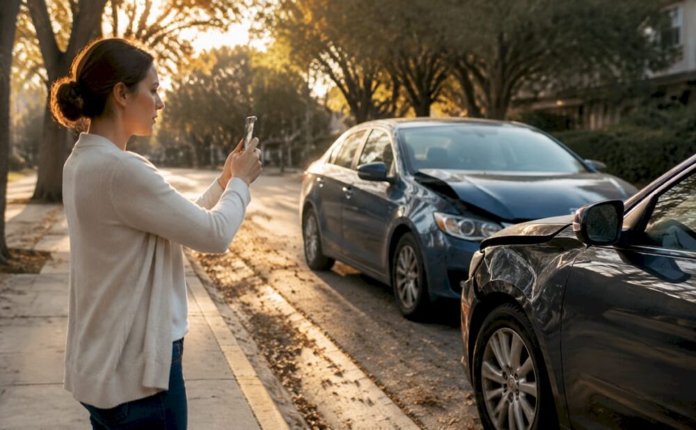 Woman taking photos at accident scene
