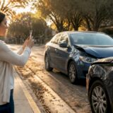 Woman taking photos at accident scene