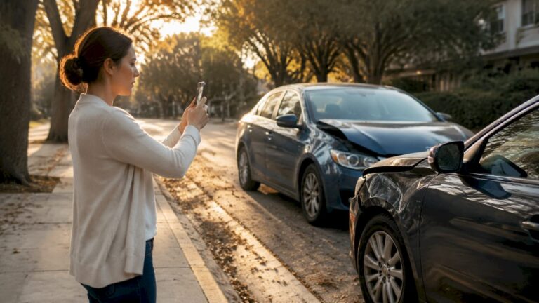 Woman taking photos at accident scene