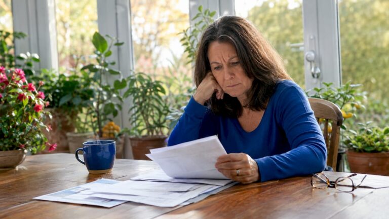Woman reviewing injury documents at kitchen table