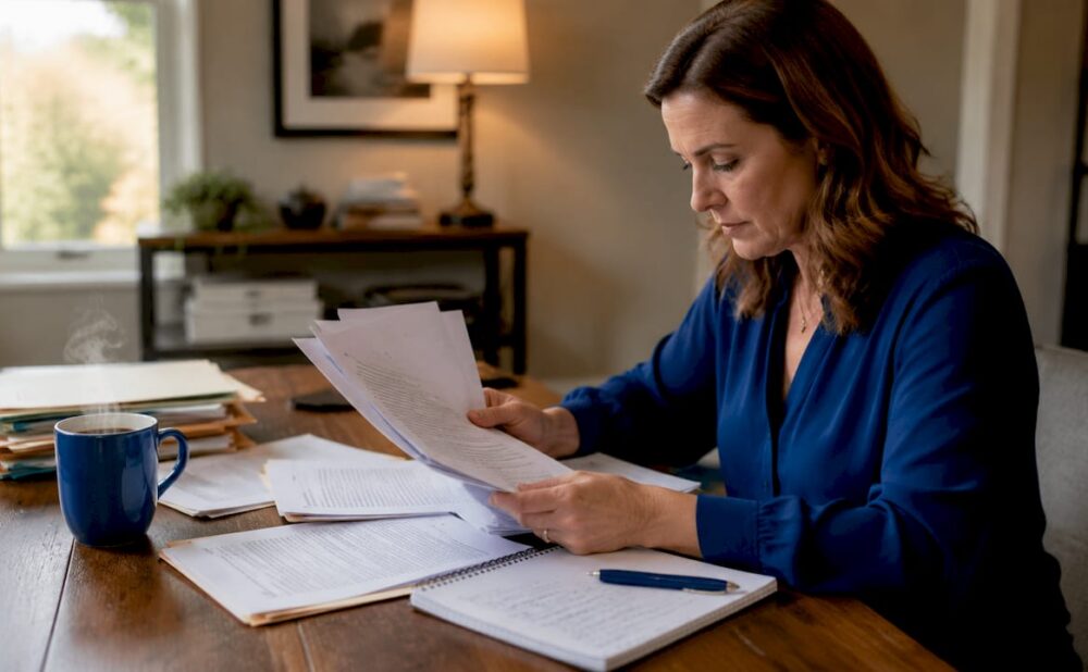 Woman organizing wrongful death lawsuit paperwork