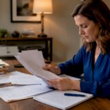 Woman organizing wrongful death lawsuit paperwork