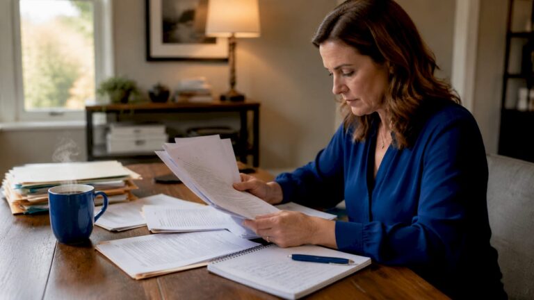 Woman organizing wrongful death lawsuit paperwork