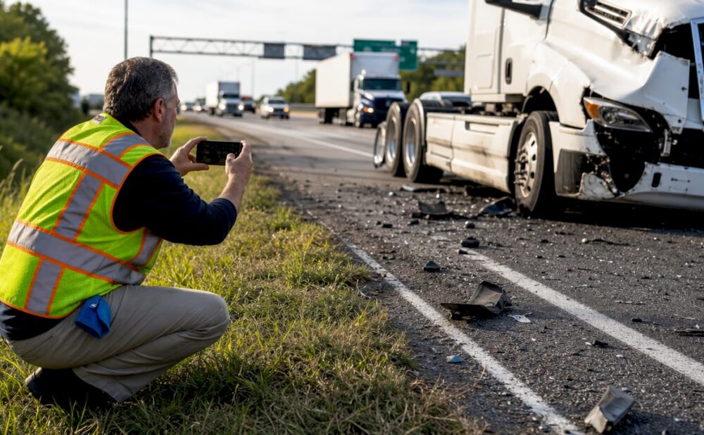 Person recording trucking accident damage at roadside