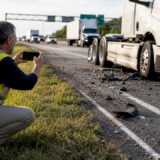 Person recording trucking accident damage at roadside