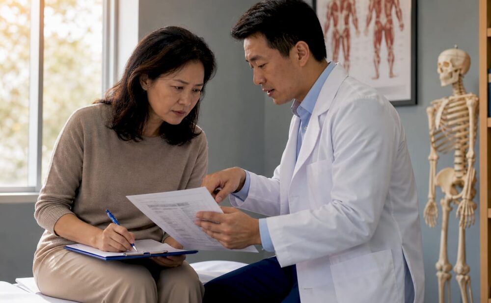 Patient and doctor reviewing medical report