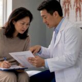 Patient and doctor reviewing medical report