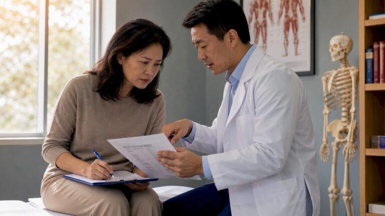 Patient and doctor reviewing medical report