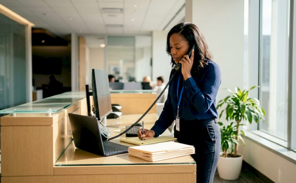 Intake specialist taking notes on phone call