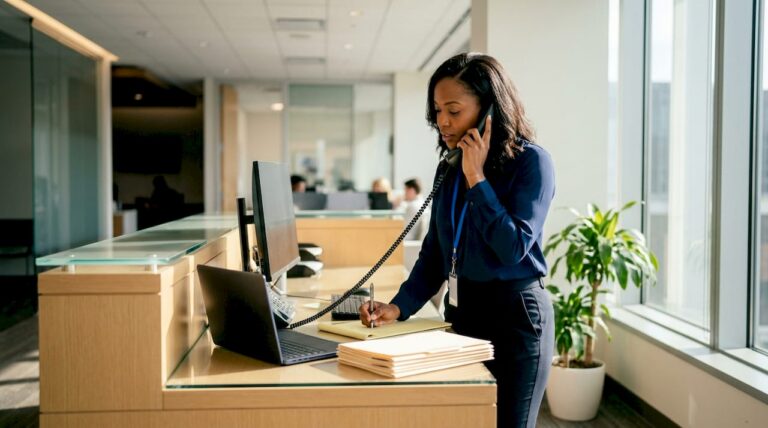 Intake specialist taking notes on phone call