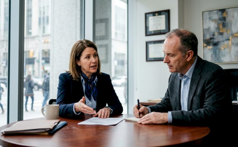 Lawyer consulting client about premises liability