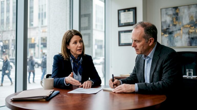 Lawyer consulting client about premises liability