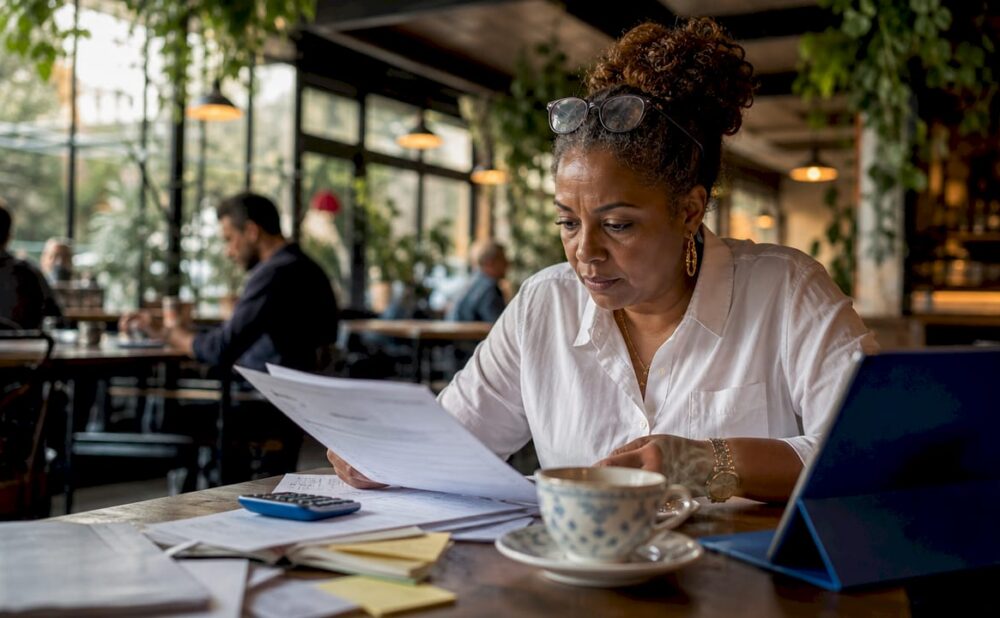 Woman reviewing insurance claim documents at desk