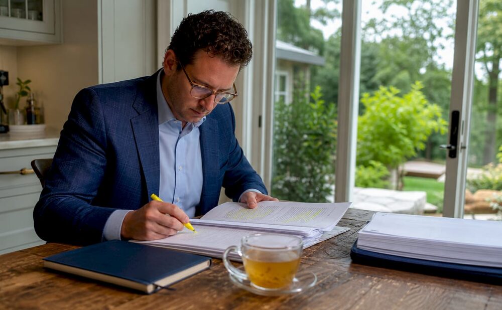 Construction accident lawyer reviewing documents in office