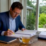 Construction accident lawyer reviewing documents in office