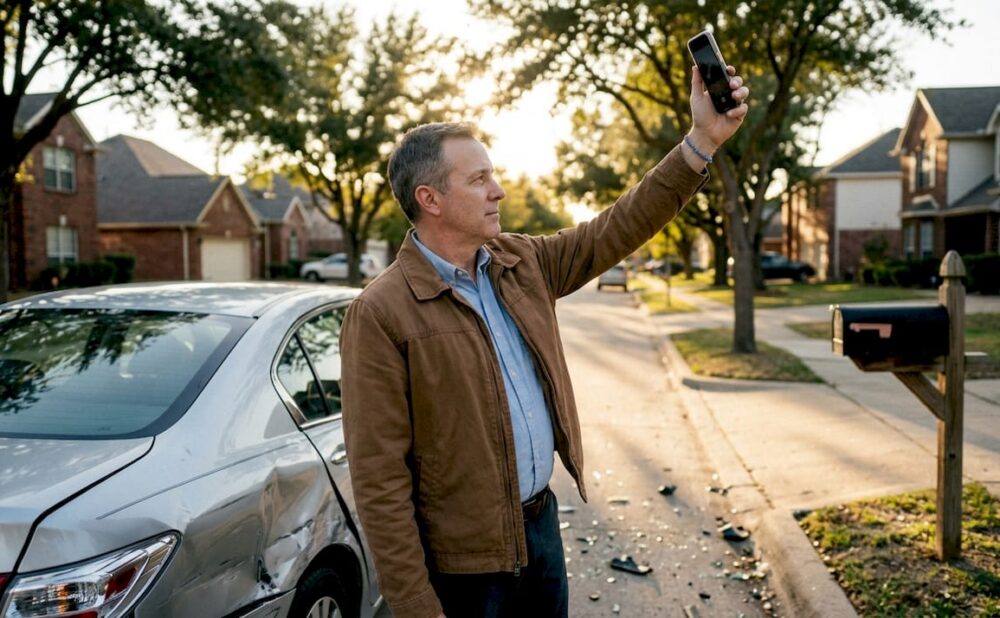 Man photographing car accident damage outdoors
