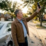 Man photographing car accident damage outdoors