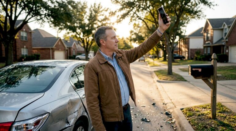 Man photographing car accident damage outdoors