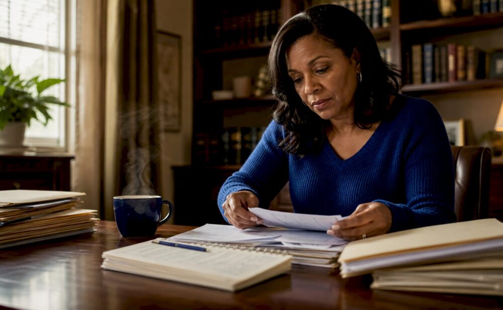 Woman organizing legal papers at kitchen table
