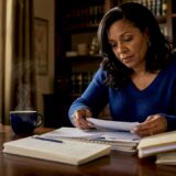Woman organizing legal papers at kitchen table
