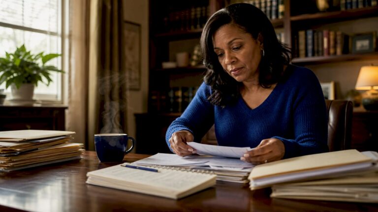 Woman organizing legal papers at kitchen table