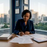 Attorney reviewing arbitration documents at table