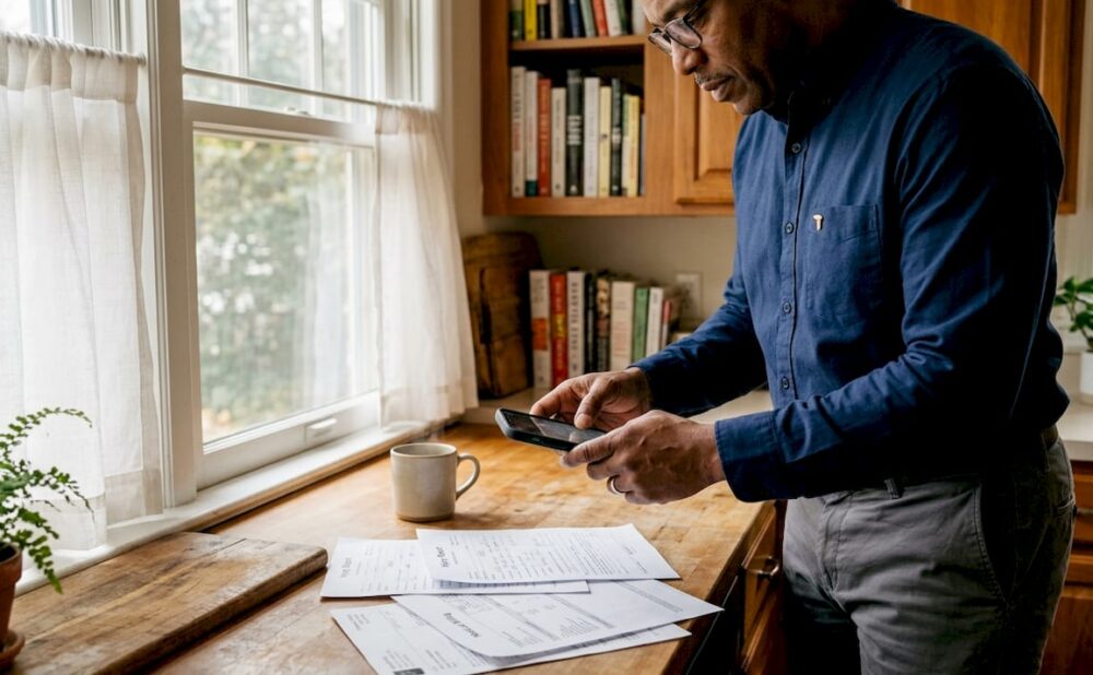 Person photographing injury documents at desk