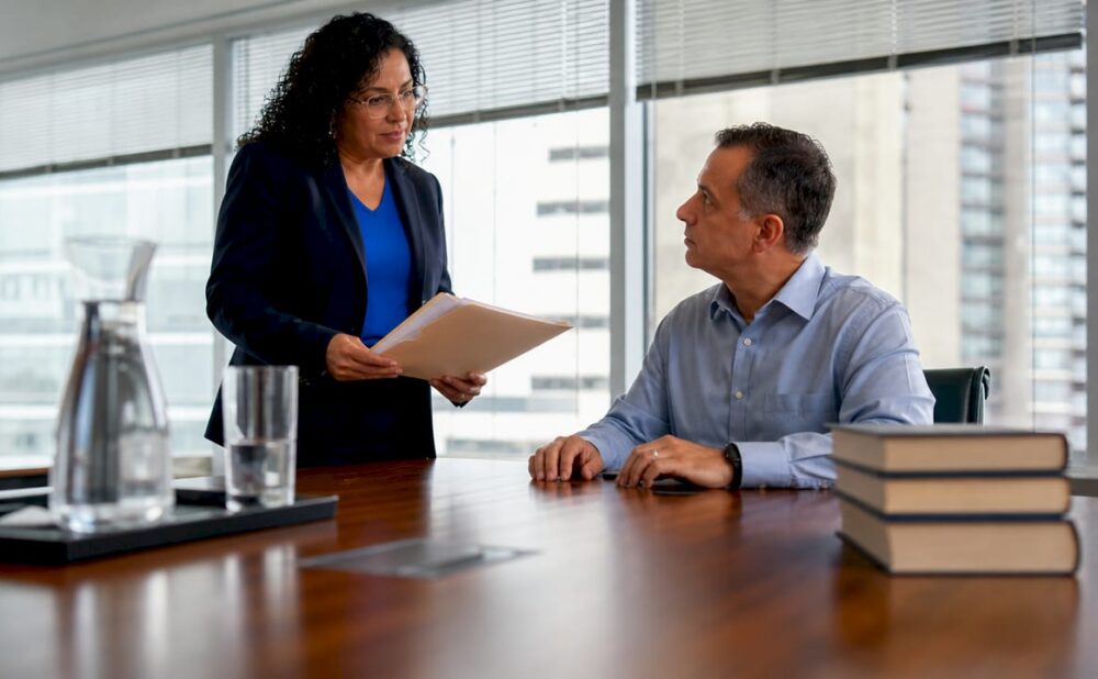 Lawyer consulting client about medical negligence