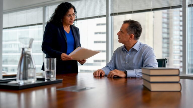 Lawyer consulting client about medical negligence