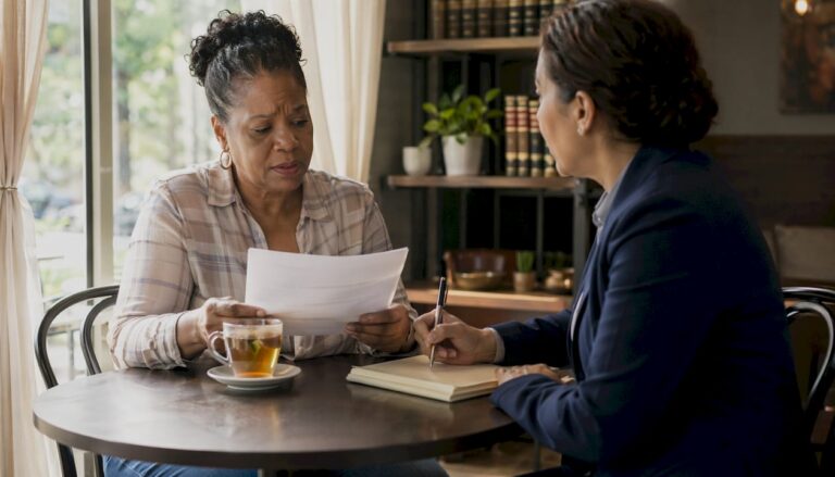 Accident victim consulting attorney in law office
