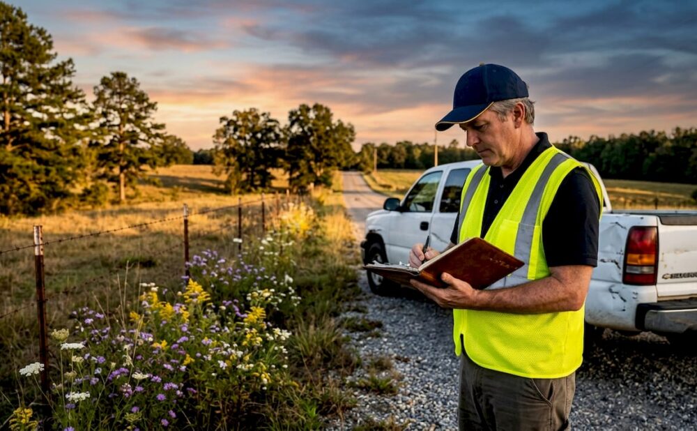 Insurance adjuster examining rural accident site