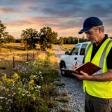 Insurance adjuster examining rural accident site